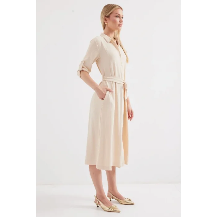 2442 Kuşaklı Gömlek Elbise - Krem