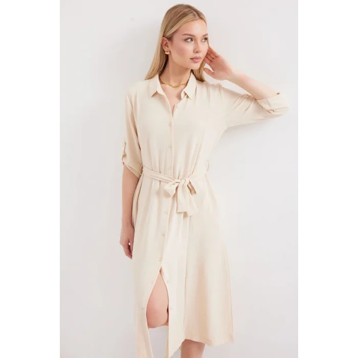2442 Kuşaklı Gömlek Elbise - Krem