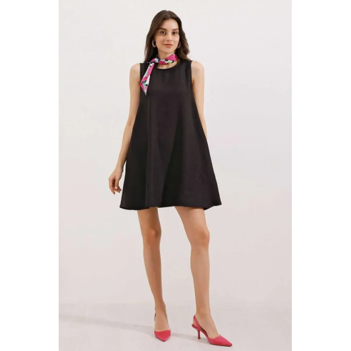 2444 Detaylı Mini Keten Elbise - Siyah