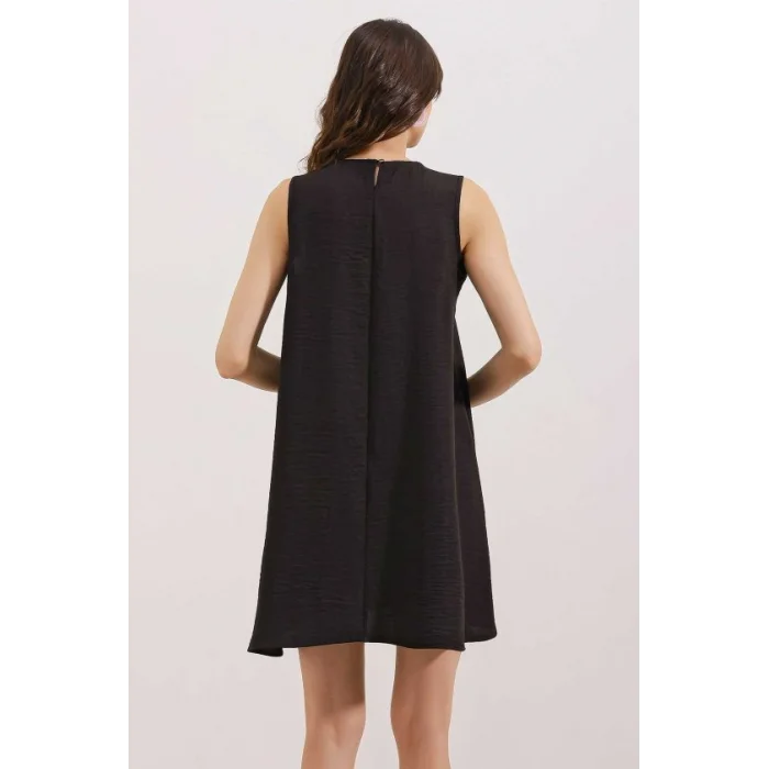2444 Detaylı Mini Keten Elbise - Siyah