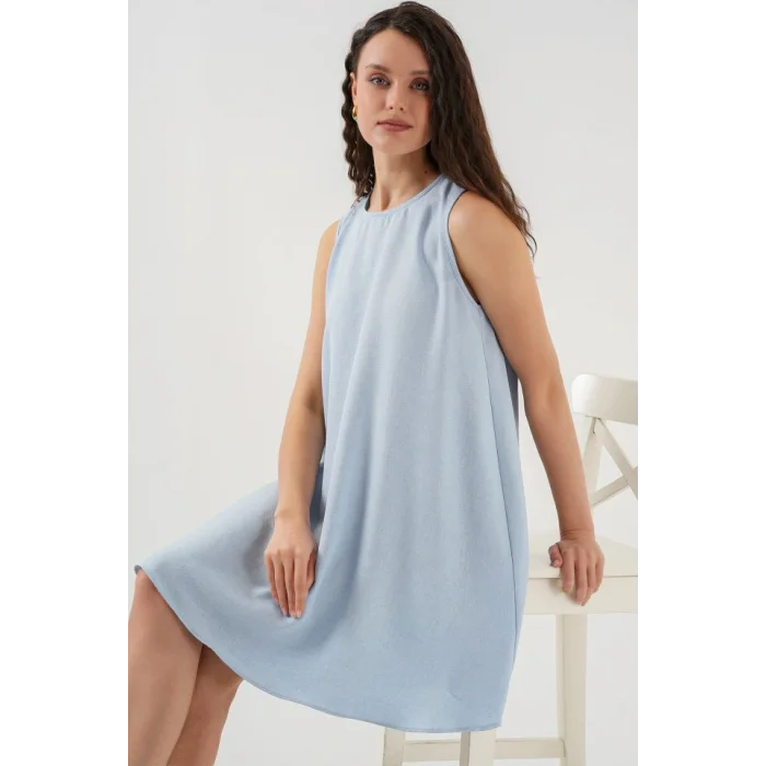 2444 Mini Keten Elbise - Açık Mavi