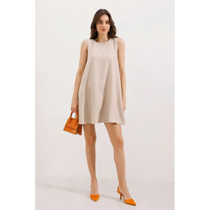 2444 Mini Keten Elbise - Bej