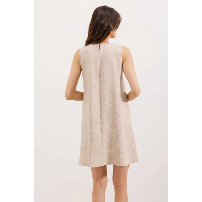 2444 Mini Keten Elbise - Bej