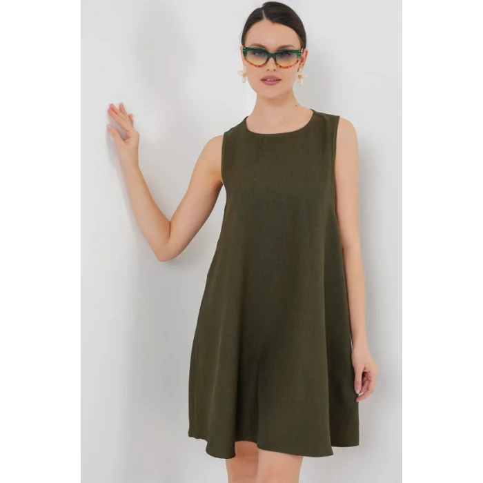 2444 Mini Keten Elbise - Haki