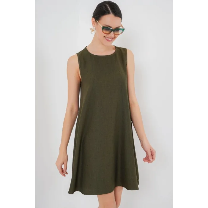 2444 Mini Keten Elbise - Haki