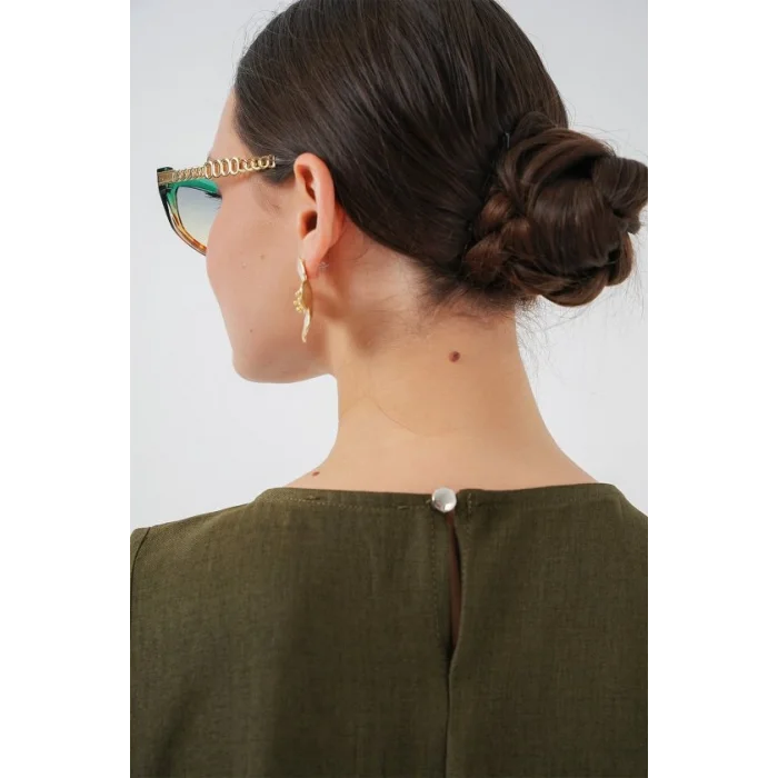 2444 Mini Keten Elbise - Haki