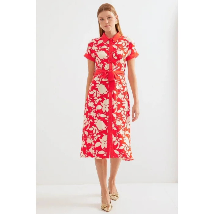 2455 Desenli Gömlek Elbise - Kırmızı