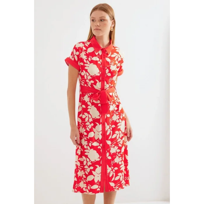 2455 Desenli Gömlek Elbise - Kırmızı