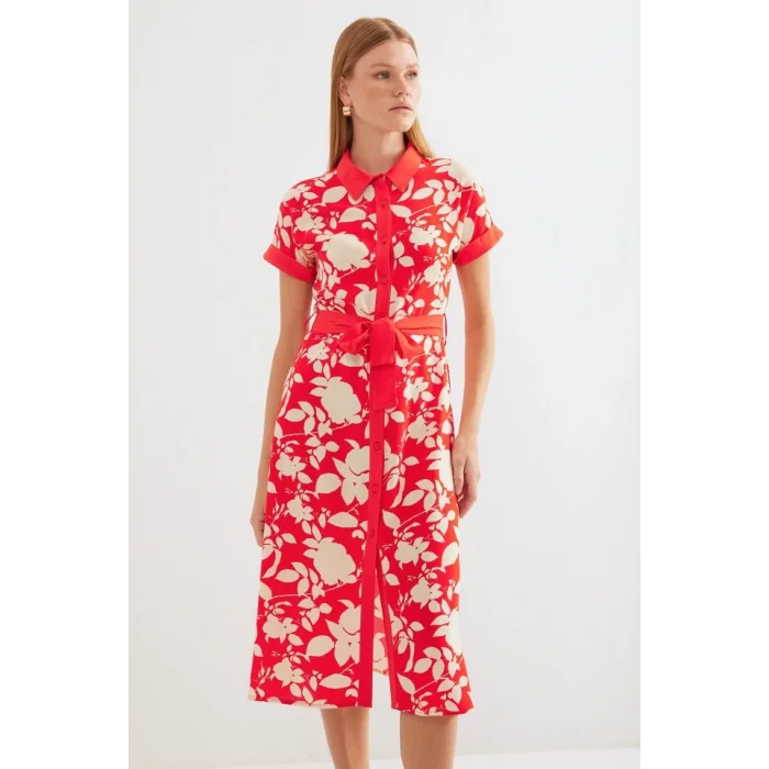 2455 Desenli Gömlek Elbise - Kırmızı