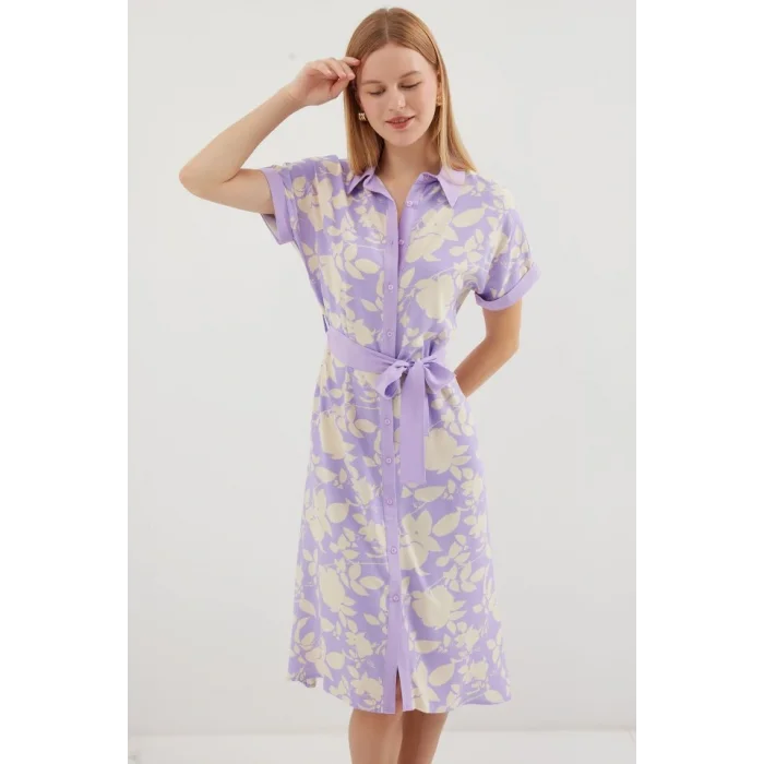 2455 Desenli Gömlek Elbise - Lila