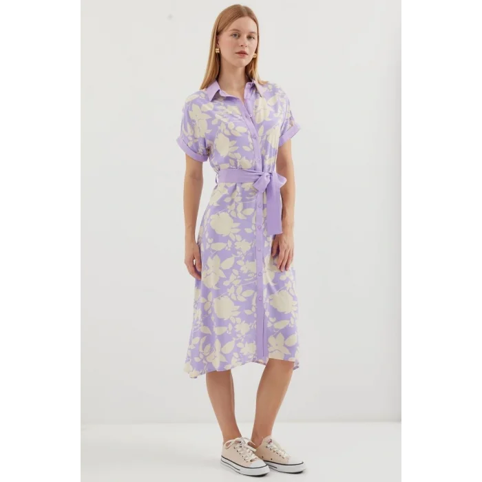 2455 Desenli Gömlek Elbise - Lila
