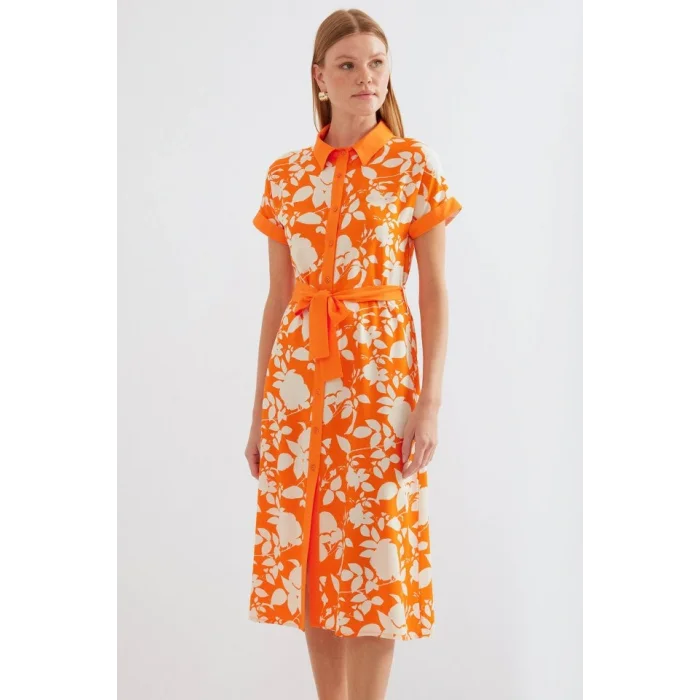 2455 Desenli Gömlek Elbise - Turuncu