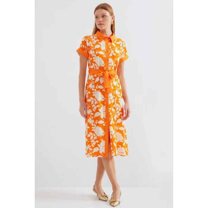 2455 Desenli Gömlek Elbise - Turuncu