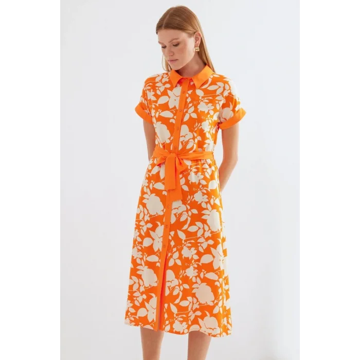 2455 Desenli Gömlek Elbise - Turuncu