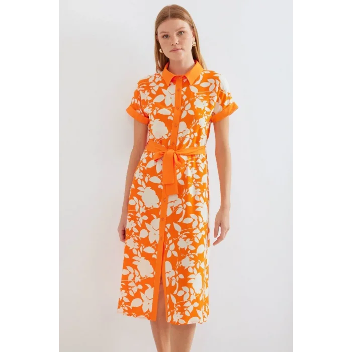 2455 Desenli Gömlek Elbise - Turuncu