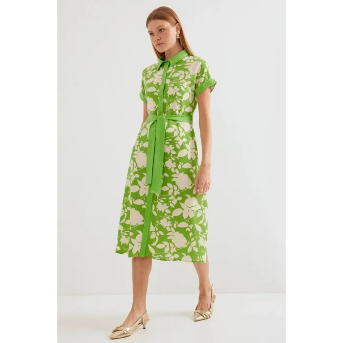 2455 Desenli Gömlek Elbise - Yeşil