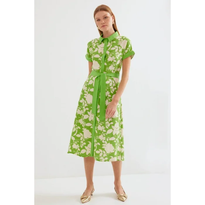 2455 Desenli Gömlek Elbise - Yeşil