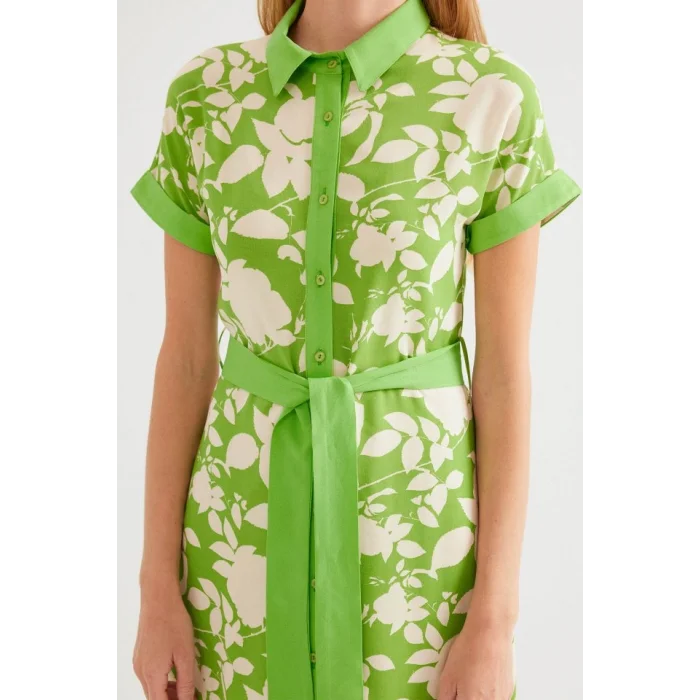 2455 Desenli Gömlek Elbise - Yeşil