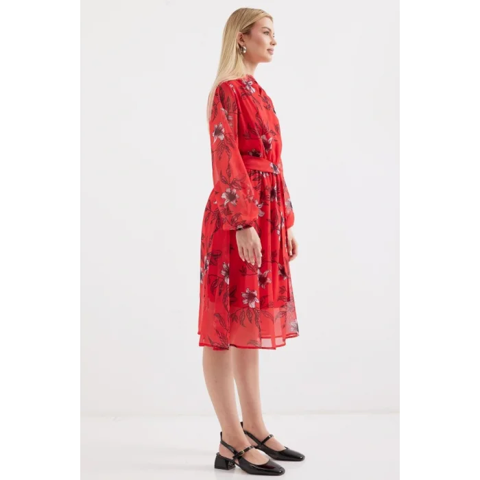 2459 Astarlı Desenli Tül Elbise - Kırmızı