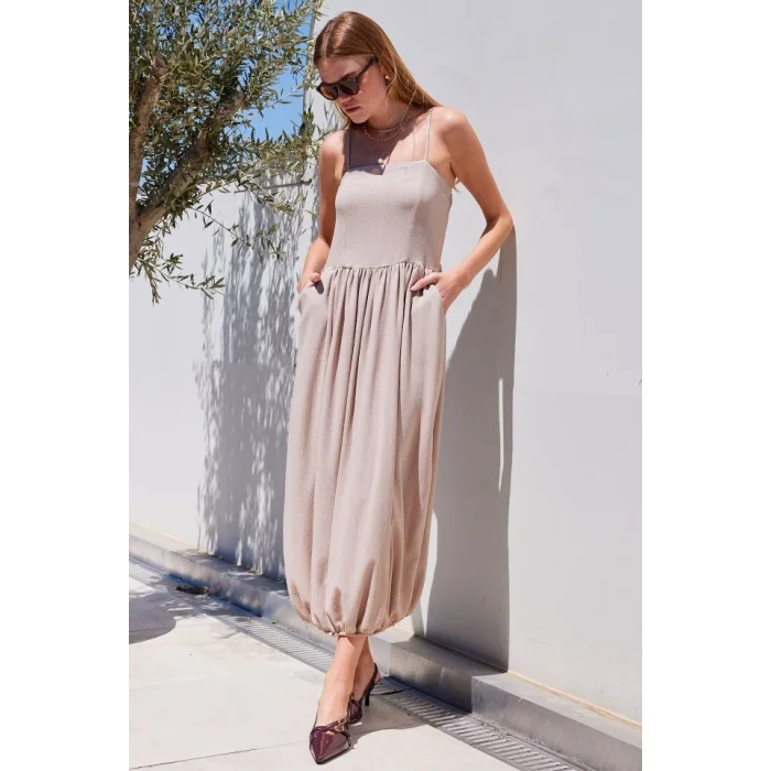 2492 Askılı Örme Salopet Elbise - Bej