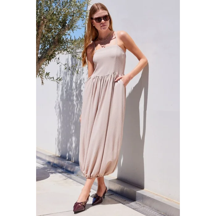 2492 Askılı Örme Salopet Elbise - Bej