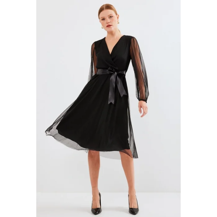 2494 Kruvaze Yaka Tül Elbise - Siyah