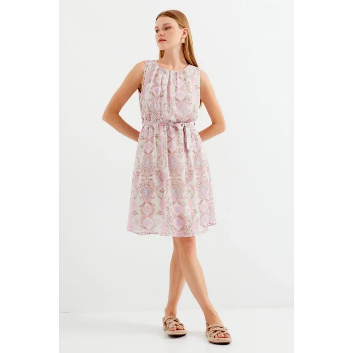 2501 Desenli Sıfır Kol Şifon Elbise - Pembe