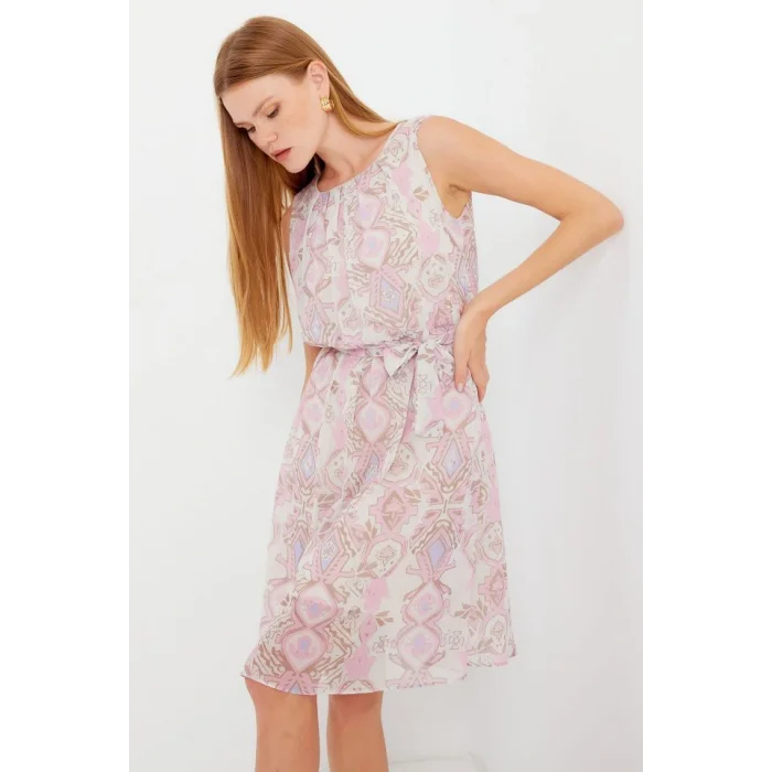 2501 Desenli Sıfır Kol Şifon Elbise - Pembe