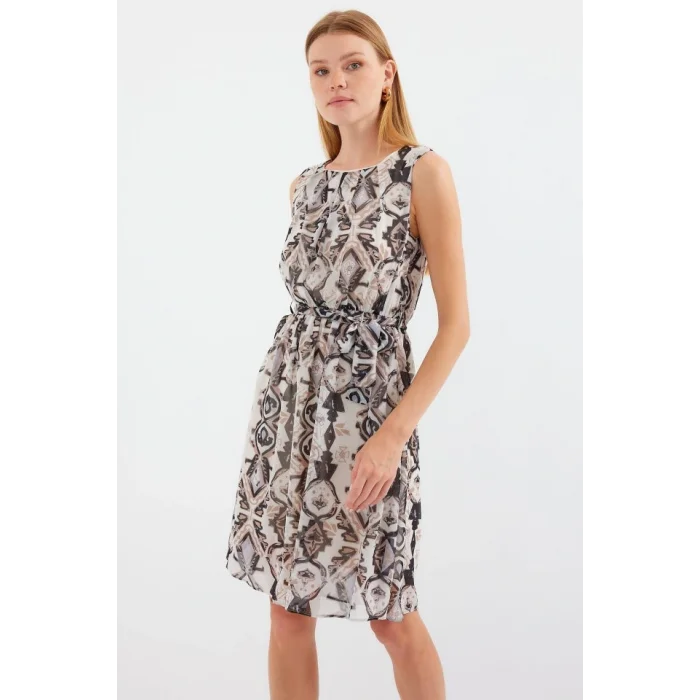 2501 Desenli Sıfır Kol Şifon Elbise - Siyah