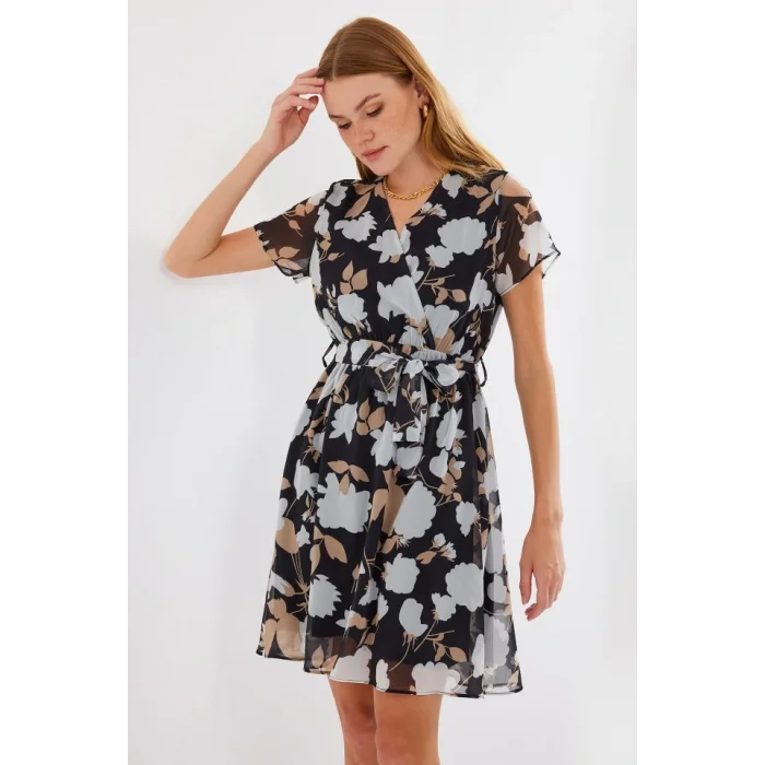 2502 Kısa Kol Desenli Şifon Elbise - A.Siyah