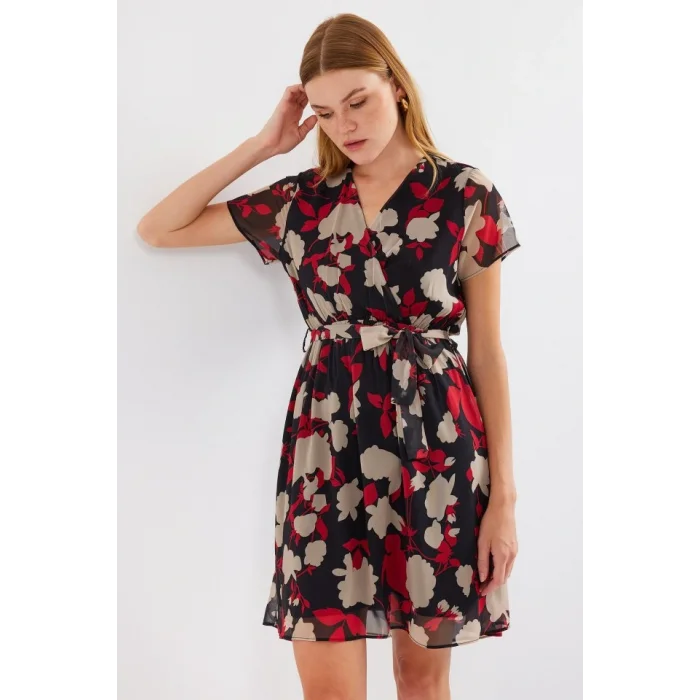 2502 Kısa Kol Desenli Şifon Elbise - Bordo