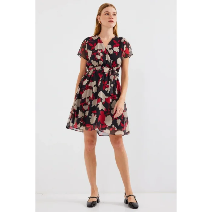 2502 Kısa Kol Desenli Şifon Elbise - Bordo