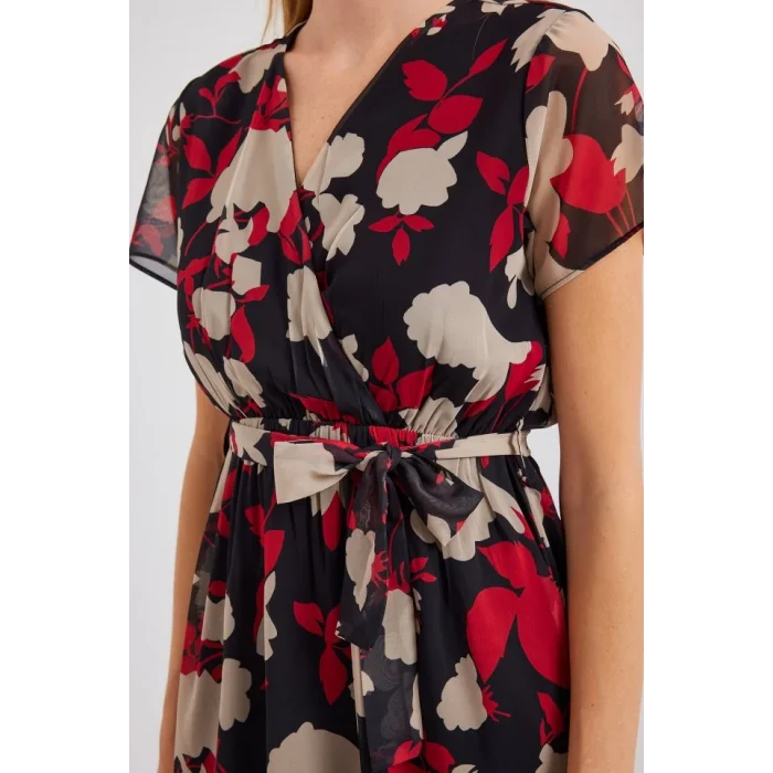 2502 Kısa Kol Desenli Şifon Elbise - Bordo