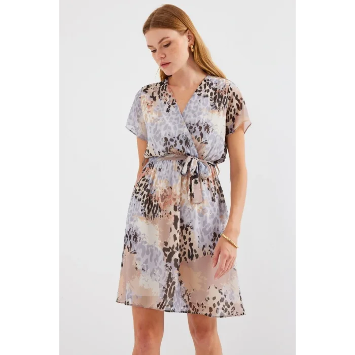 2502 Kısa Kol Desenli Şifon Elbise - Gri