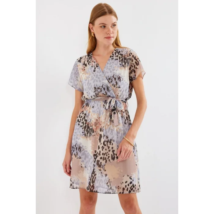 2502 Kısa Kol Desenli Şifon Elbise - Gri