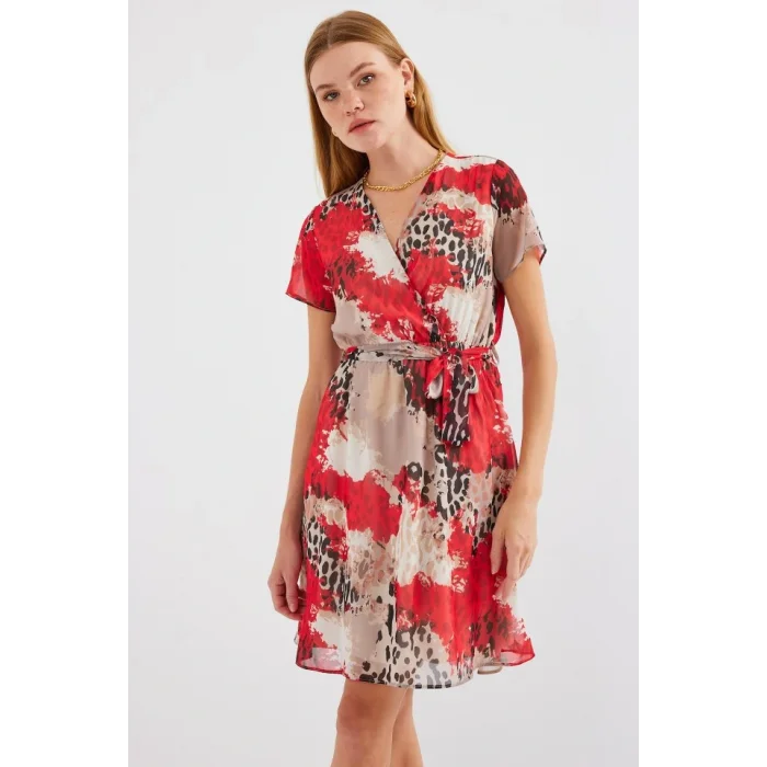 2502 Kısa Kol Desenli Şifon Elbise - Kırmızı