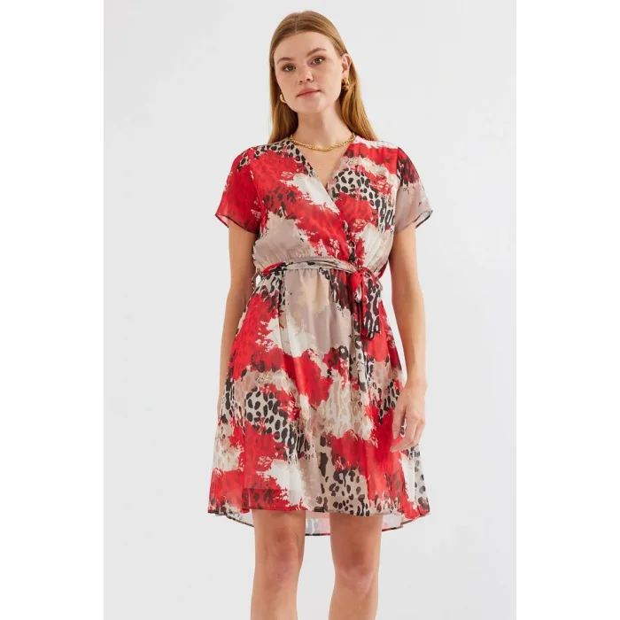 2502 Kısa Kol Desenli Şifon Elbise - Kırmızı