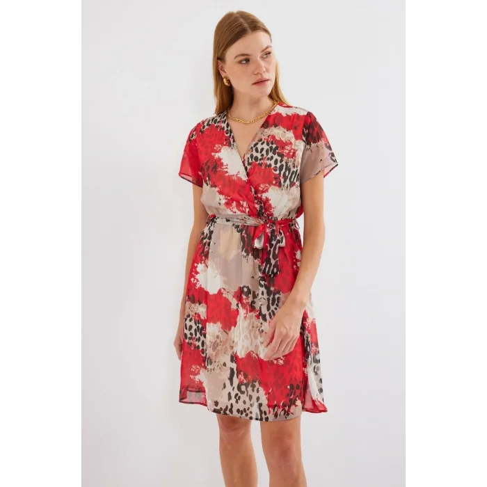 2502 Kısa Kol Desenli Şifon Elbise - Kırmızı