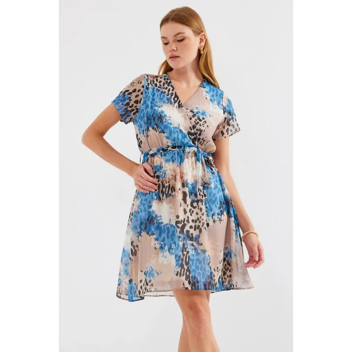 2502 Kısa Kol Desenli Şifon Elbise - Mavi