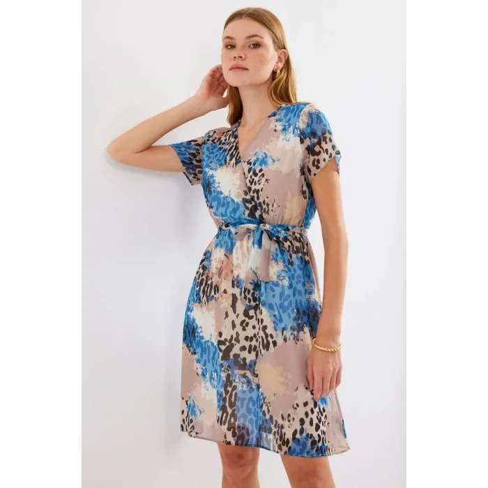 2502 Kısa Kol Desenli Şifon Elbise - Mavi