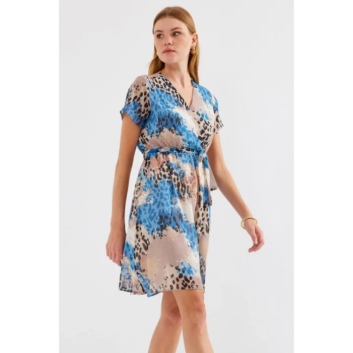 2502 Kısa Kol Desenli Şifon Elbise - Mavi