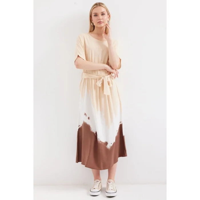 2504 Desenli Kısa Kol Viskon Elbise - Krem