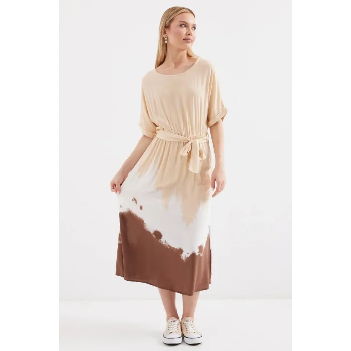 2504 Desenli Kısa Kol Viskon Elbise - Krem