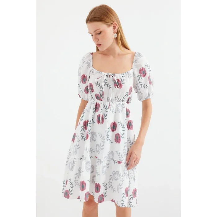 2508 Desenli Mini Kloş Elbise - Ekru