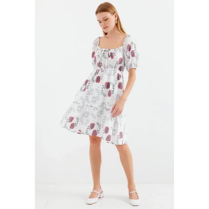 2508 Desenli Mini Kloş Elbise - Ekru