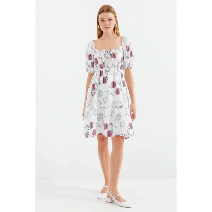 2508 Desenli Mini Kloş Elbise - Ekru