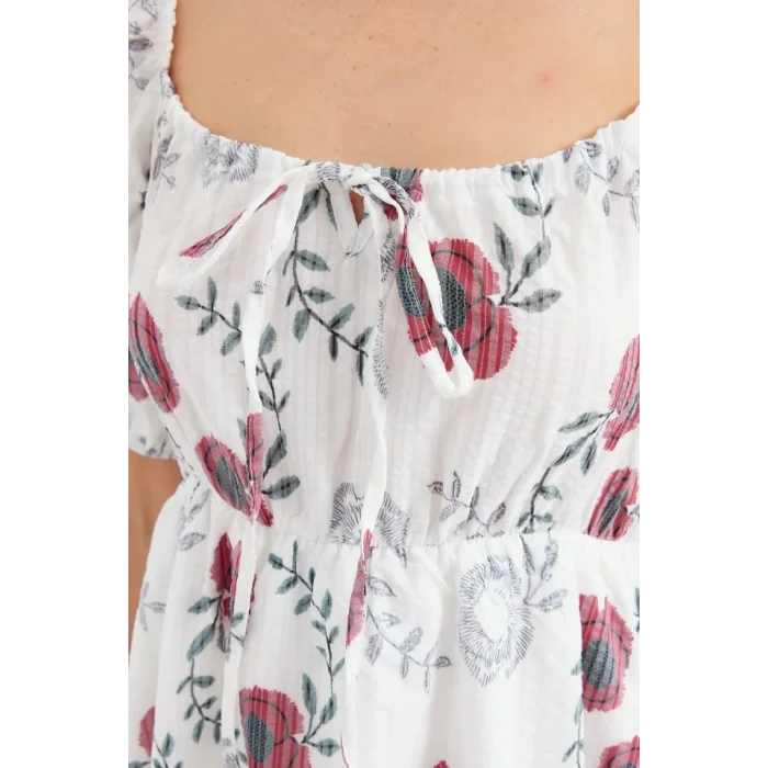 2508 Desenli Mini Kloş Elbise - Ekru