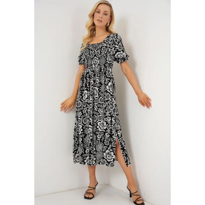 2512 Desenli Yırtmaçlı Elbise - D. Siyah