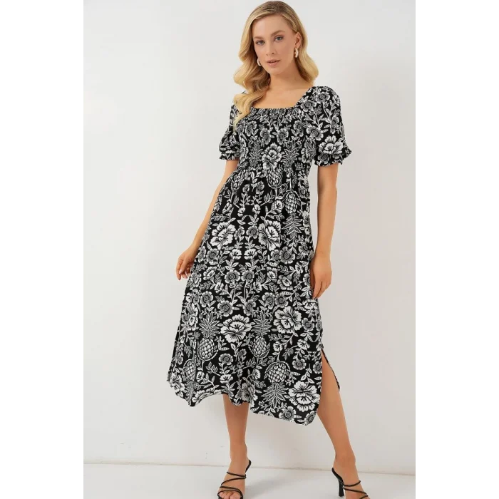 2512 Desenli Yırtmaçlı Elbise - D. Siyah