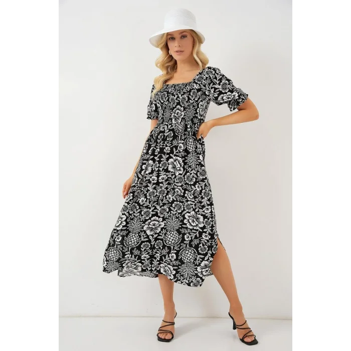 2512 Desenli Yırtmaçlı Elbise - D. Siyah